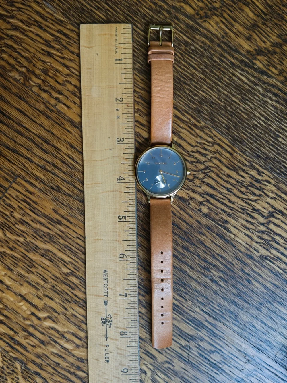 Skagen Denmark Anita Wristwatch, Leather Strap, Blue Chrome with Gold Hardware